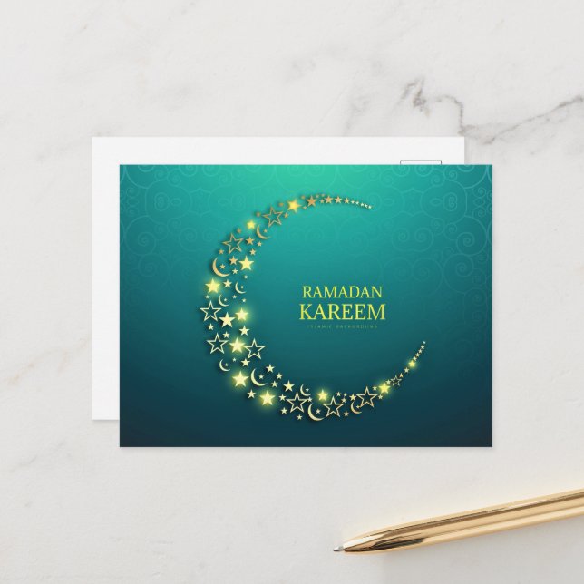 Cartão Postal Ramadan Kareem - Crescente Dourado Islâmico (Frente/Verso In Situ)