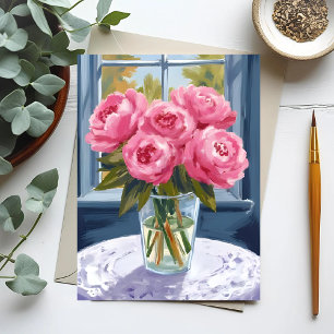 Cartão Postal Ramalhete de Peônia Corada   Pintura de Flor Rosa