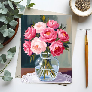 Cartão Postal Ramalhete de Peônia   Flor Vaso Rosa Floral Aquare
