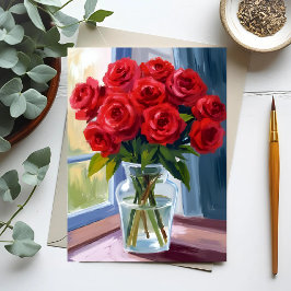 Cartão Postal Ramalhete de Rosa Vermelha Vaso de Flor Aquarela