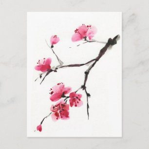 Cartão Postal Ramo de Flor de Cerejeira Rosa – Arte com Pincel d