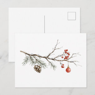Cartão Postal Ramo de Natal Nevado com Enfeite para o Natal