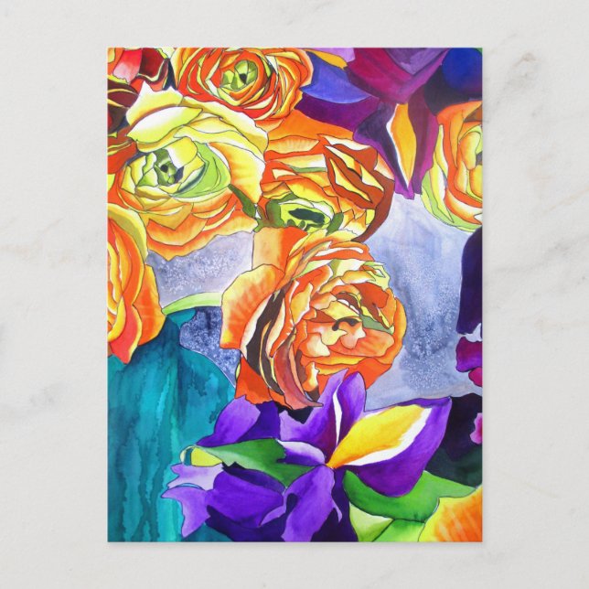 Cartão Postal Ranunculus e Iris watercolor art (Frente)