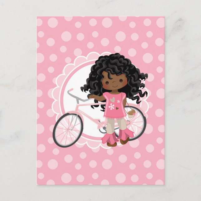Cartão Postal Rapariga Bicicleta Afro-Americana - Branca Rosa (Frente)