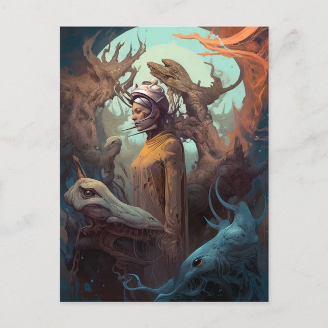 Cartão Postal Rapariga Cercada Por Monstros De Alienígena Na Art (Frente)