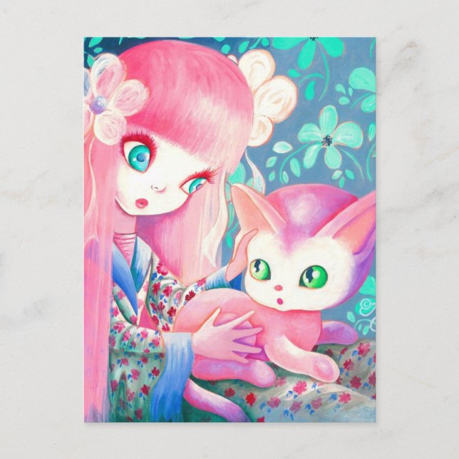 Cartão Postal Rapariga com cabelo rosa em Kimono com gato Kawaii (Frente)