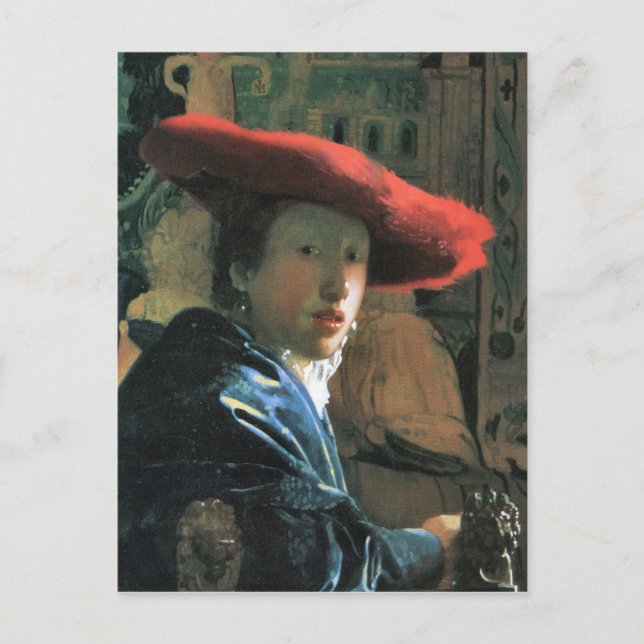 Cartão Postal Rapariga com chapéu vermelho de Johannes Vermeer (Frente)