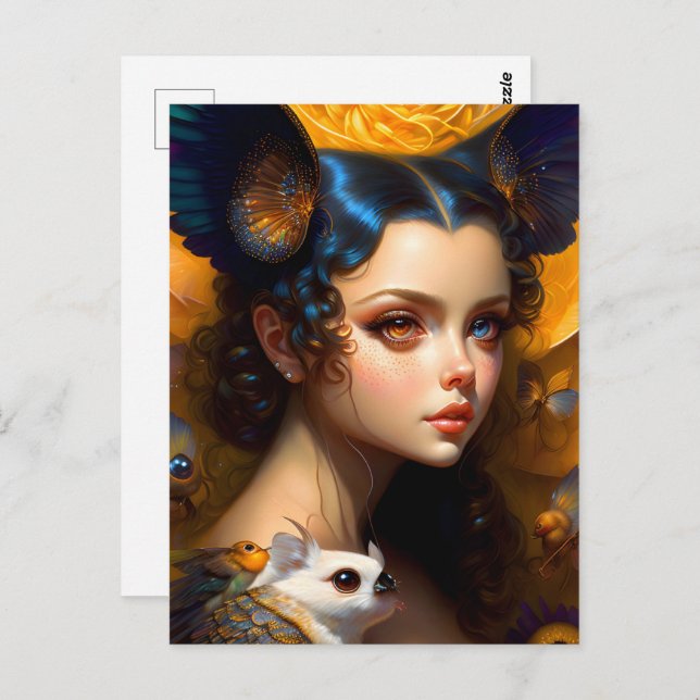 Cartão Postal Rapariga com criaturas bonitas, Pós-Travessia (Frente/Verso)