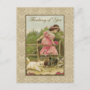 Cartão Postal Rapariga com gatos pensando em sua reprodução vene
