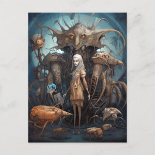 Cartão Postal Rapariga com Monstros Estranhos Arte Surreal