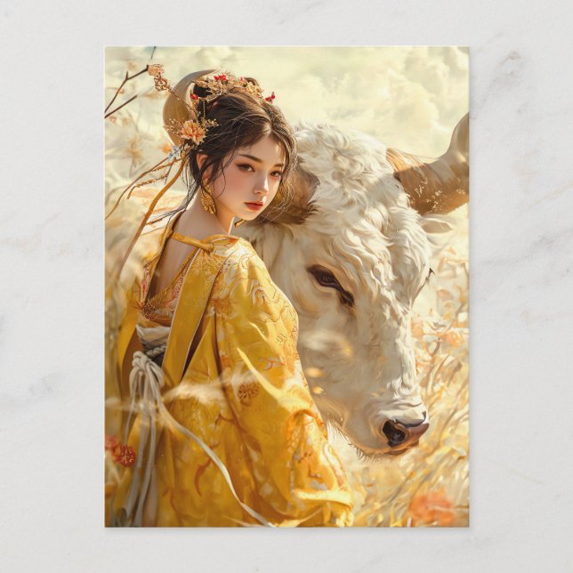 Cartão Postal Rapariga com Ox Chinesa Arte Zodiática (Frente)