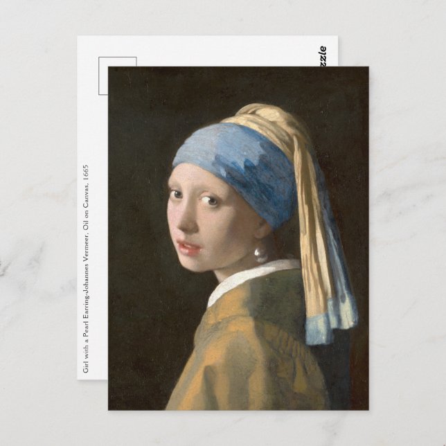 Cartão Postal Rapariga com pérolas e Arte Vermeer (Frente/Verso)