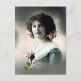 Cartão Postal "Rapariga com Rosas Rosa"