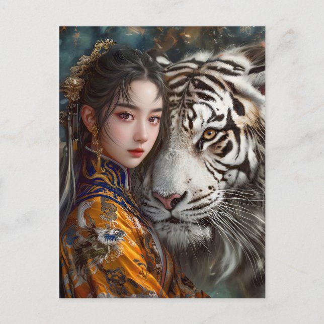 Cartão Postal Rapariga com Tigre Chinês - Arte Zodiaca (Frente)