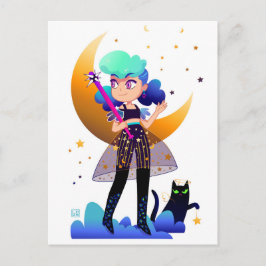 Cartão Postal Rapariga de Cabelo Azul com Gato Preto