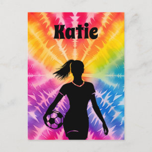 Cartão Postal Rapariga de futebol personalizada Tie Dye Rainbow