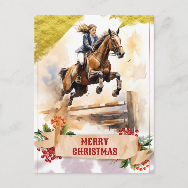 Cartão Postal Rapariga de Natal Andando Cavalo Sobre Salto (Frente)