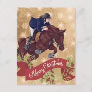 Cartão Postal Rapariga e Cavalo Saltando Feliz Ouro de Natal