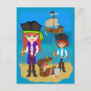 Cartão Postal Rapariga e Menino Piratas com Cartão-Postal de Na