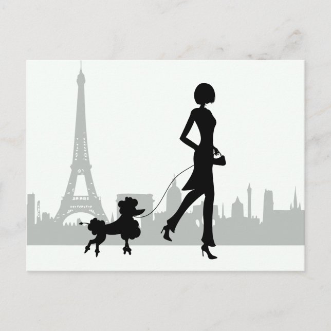 Cartão Postal Rapariga e Poodle Paris Skyline Eiffel Tower (Frente)