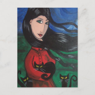 Cartão Postal Rapariga e seus gatos pretos