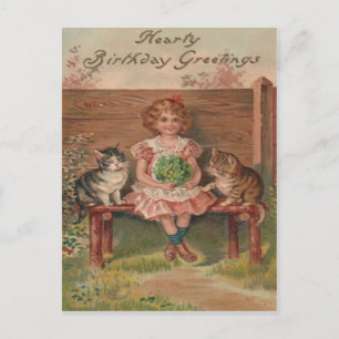 Cartão Postal Rapariga Gatinhos Flores Aniversário