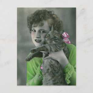 Cartão Postal Rapariga Jovem e Cat Vintage Foto de Glamor