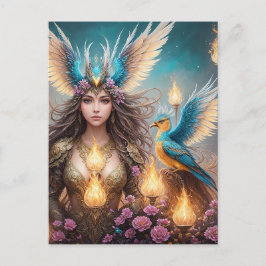 Cartão Postal Rapariga, majestosa pintura de pássaro de fenix, 3