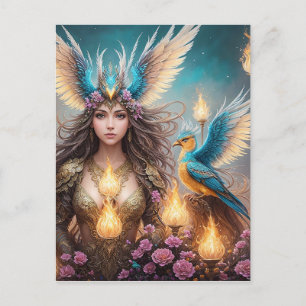 Cartão Postal Rapariga, majestosa pintura de pássaro de fenix, 3