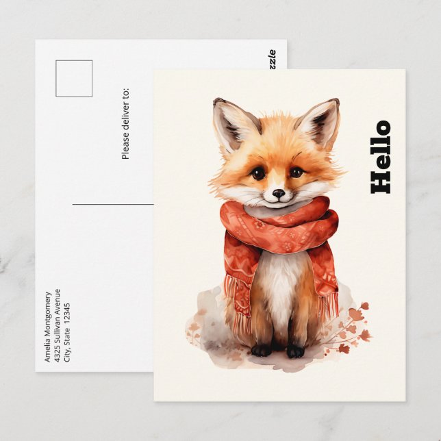 Cartão Postal Rapariga Raposa Fofa com um Cachecol Vermelho (Frente/Verso)