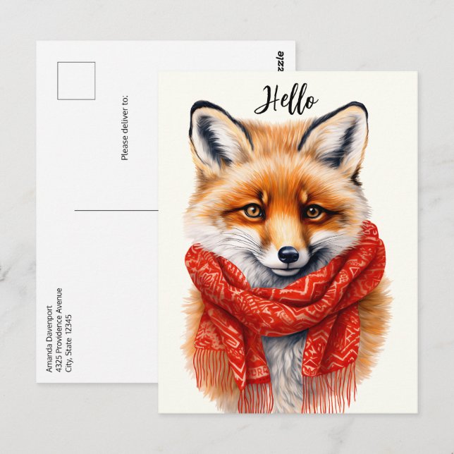 Cartão Postal Rapariga Raposa Fofa com um Cachecol Vermelho Imag (Frente/Verso)