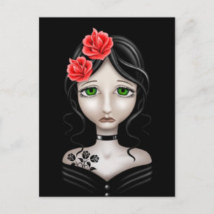 Cartão Postal Rapariga Triste com Rosas vermelhas em Preto