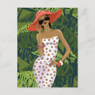 Cartão Postal Rapariga Tropical Fashionável em Grande Chapéu V