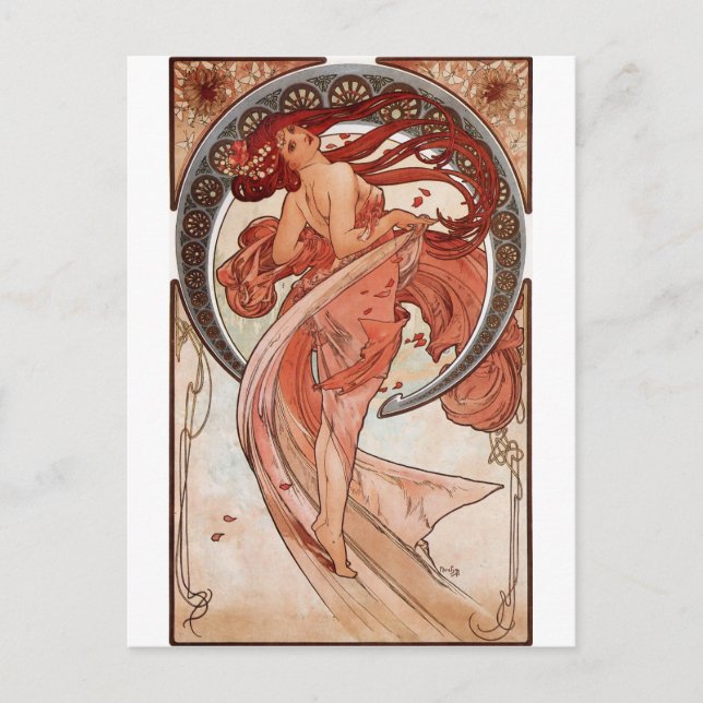 Cartão Postal Rapariga Vermelha - Mucha (Frente)