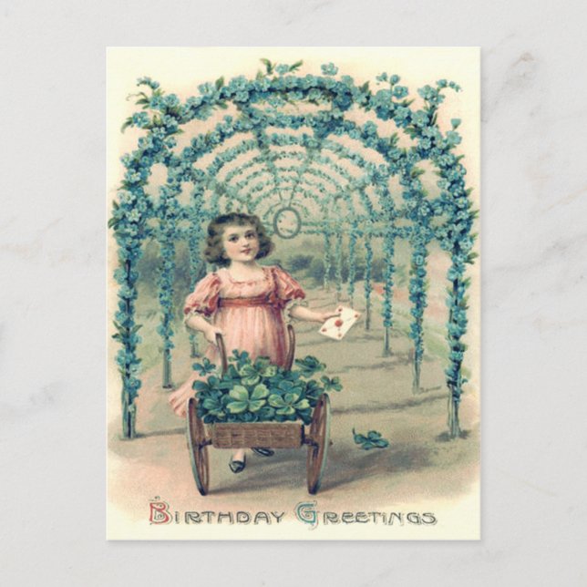 Cartão Postal Rapariga Wheelbarrow Quatro Folha Folha Esqueça-Me (Frente)