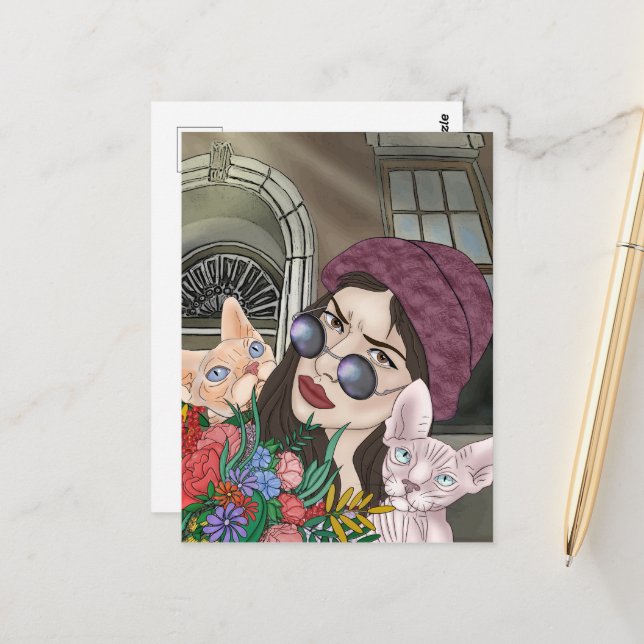 Cartão Postal Raparigas com Impressão de gatos, Papel Poster de  (Frente/Verso In Situ)