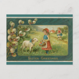 Cartão Postal Raparigas Vintage com carneiros numa Páscoa de cam
