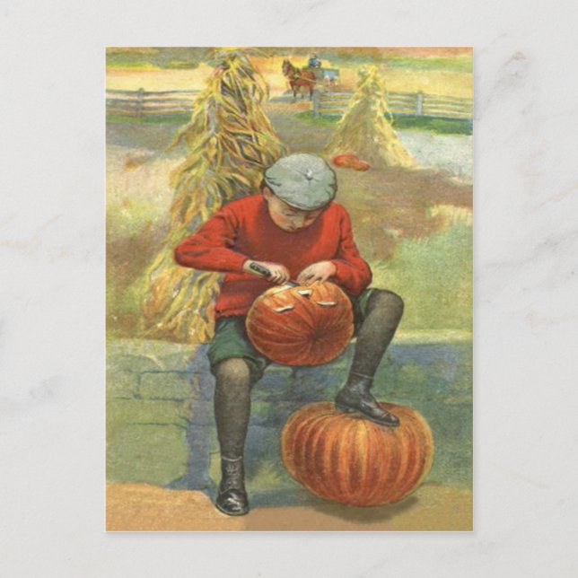 Cartão Postal Rapaz Carving Jack O Lanterna Pumpkin (Frente)