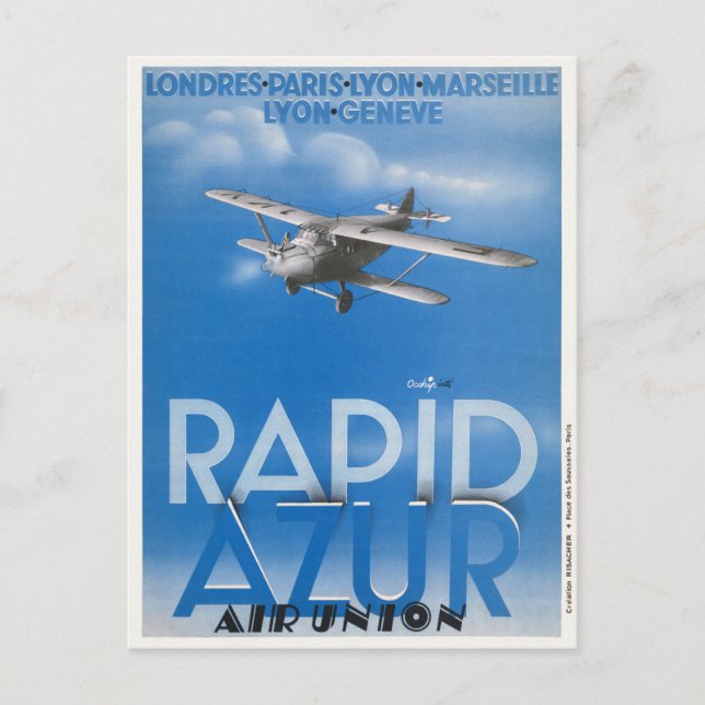 Cartão Postal Rapid Azur France Vintage Poster 1932 (Frente)