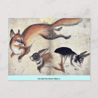 Cartão Postal Raposa e duas lebres Ukiyoe.