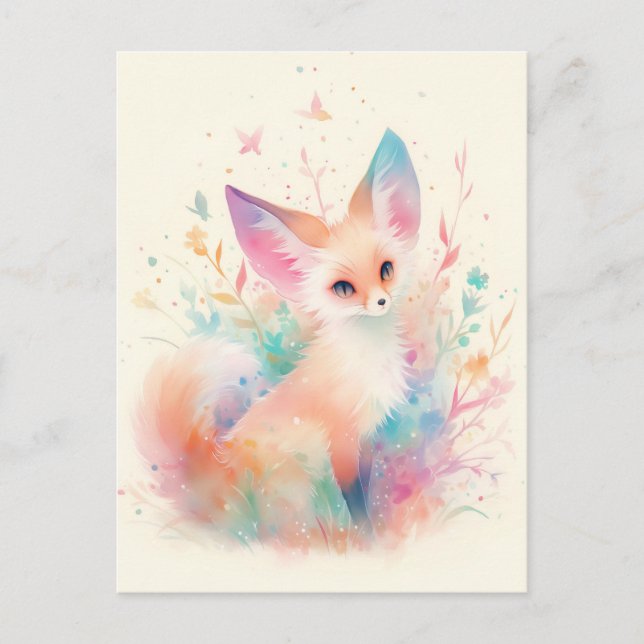 Cartão Postal Raposa Fennec Branca com Orelha Arco-íris Pastel (Frente)