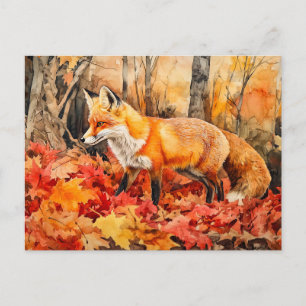 Cartão Postal Raposa na pintura em aquarela da floresta de outon