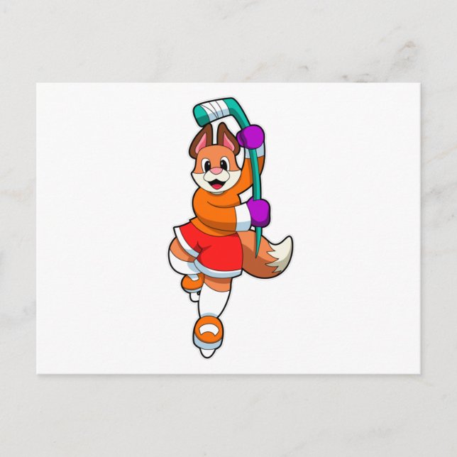 Cartão Postal Raposa no hóquei no gelo com bastão de hóquei no g (Frente)