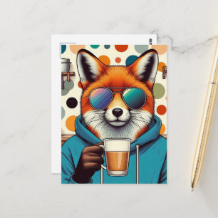 Cartão Postal Raposa Vermelha em óculos escuros com café