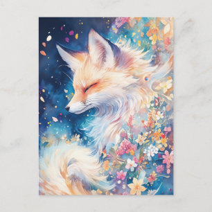 Cartão Postal Raposa Vermelha Etérea em Noite Floral Azul