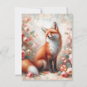 Cartão Postal Raposa Vermelha Floral no Jardim Rosa