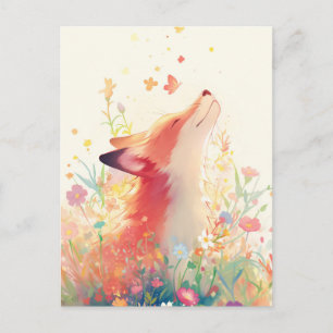 Cartão Postal Raposa Vermelha Serena em Prado Colorido de Flores
