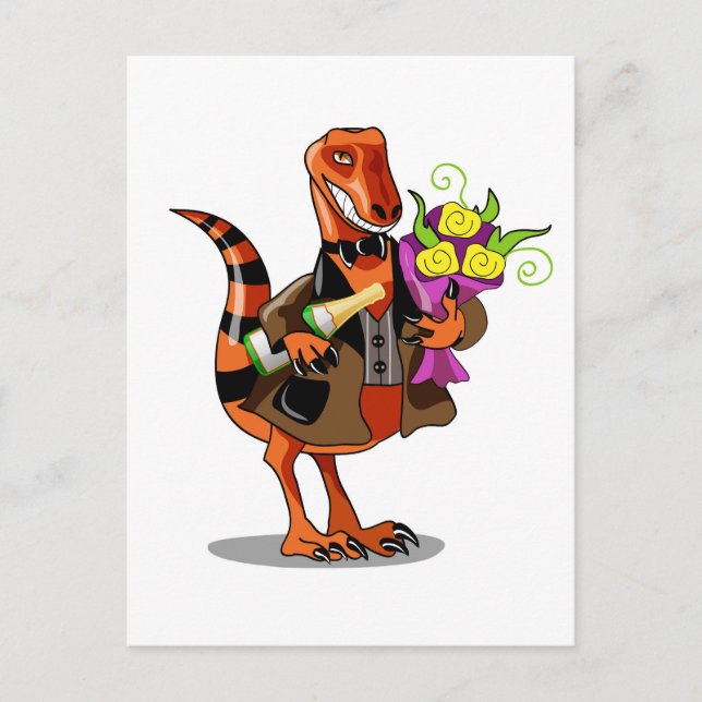 Cartão Postal Raptor Segurando Garrafa de Vinho Espumante e Flor (Frente)