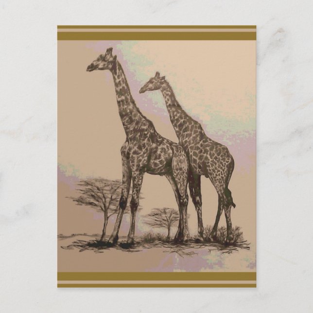 Cartão Postal Raras Girafas Retro-Africanas na Sepia e Pastéis (Frente)