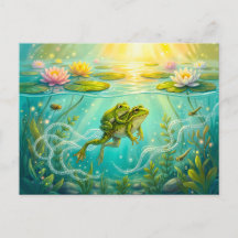 Rãs desovando no lago com longas cordas de ovos